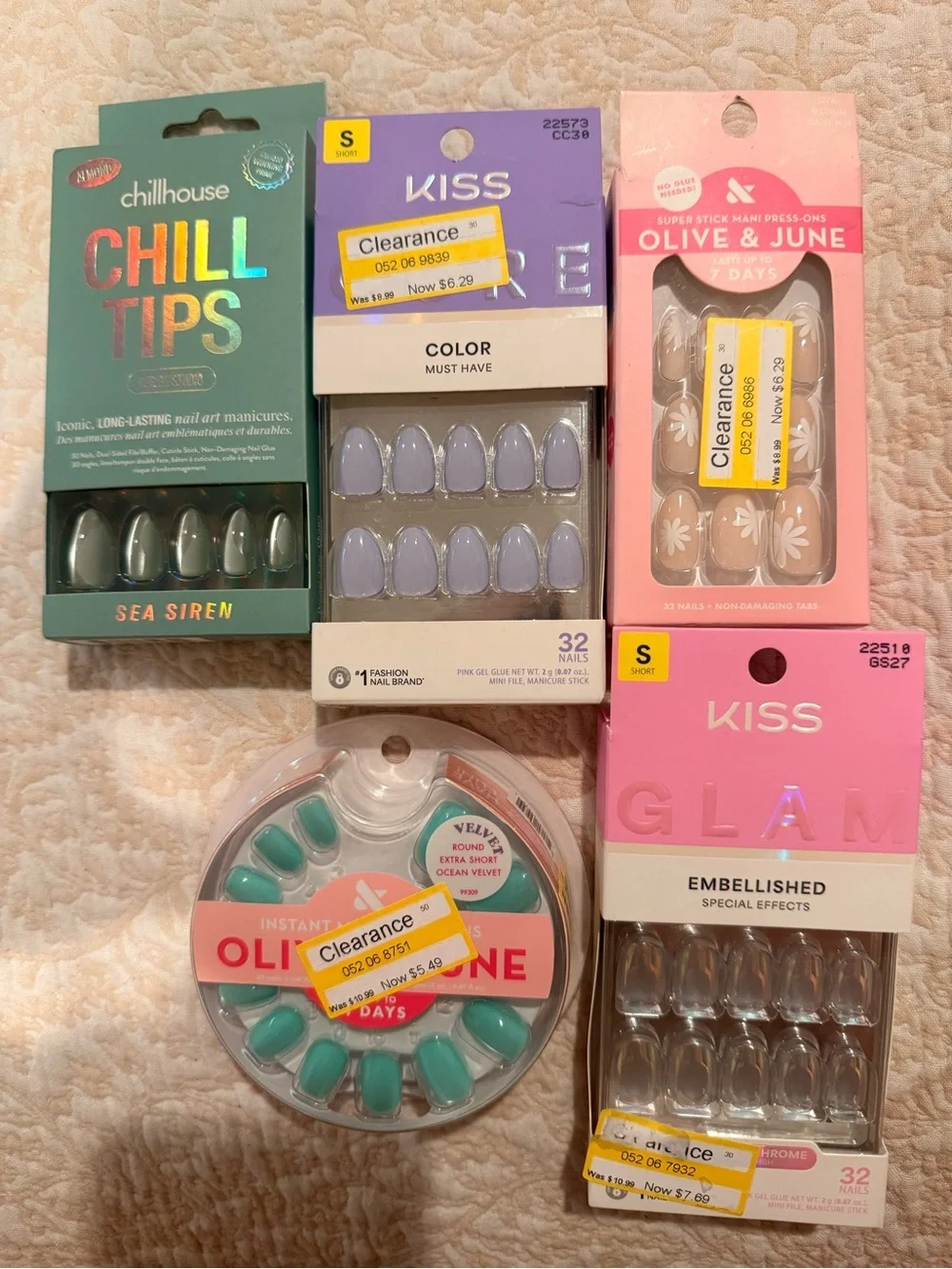 Assorted Packaged Press-On Nails - Green, Lavender, Peach & Teal Sets